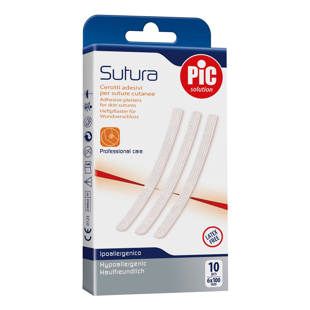 Confezione da 10 cerotti ipoallergenici per sutura. Contiene cerotti da 6x100 mm. Marchio: Pic Sutura.