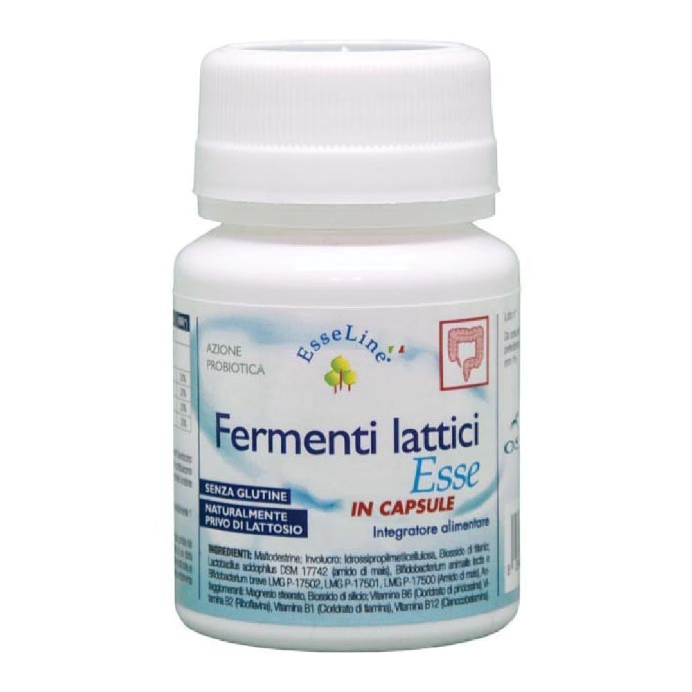 Flacone bianco di capsule. Scritta: Fermenti Lattici Esse, in capsule. Senza glutine, senza lattosio.