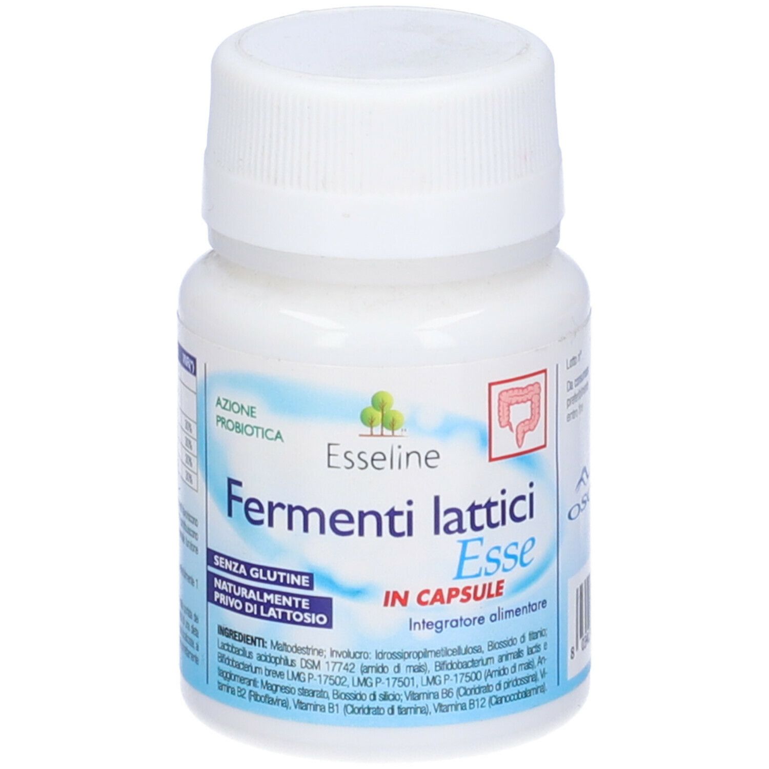 Flacone bianco di capsule. Scritta: Fermenti Lattici Esse, in capsule. Senza glutine, senza lattosio.