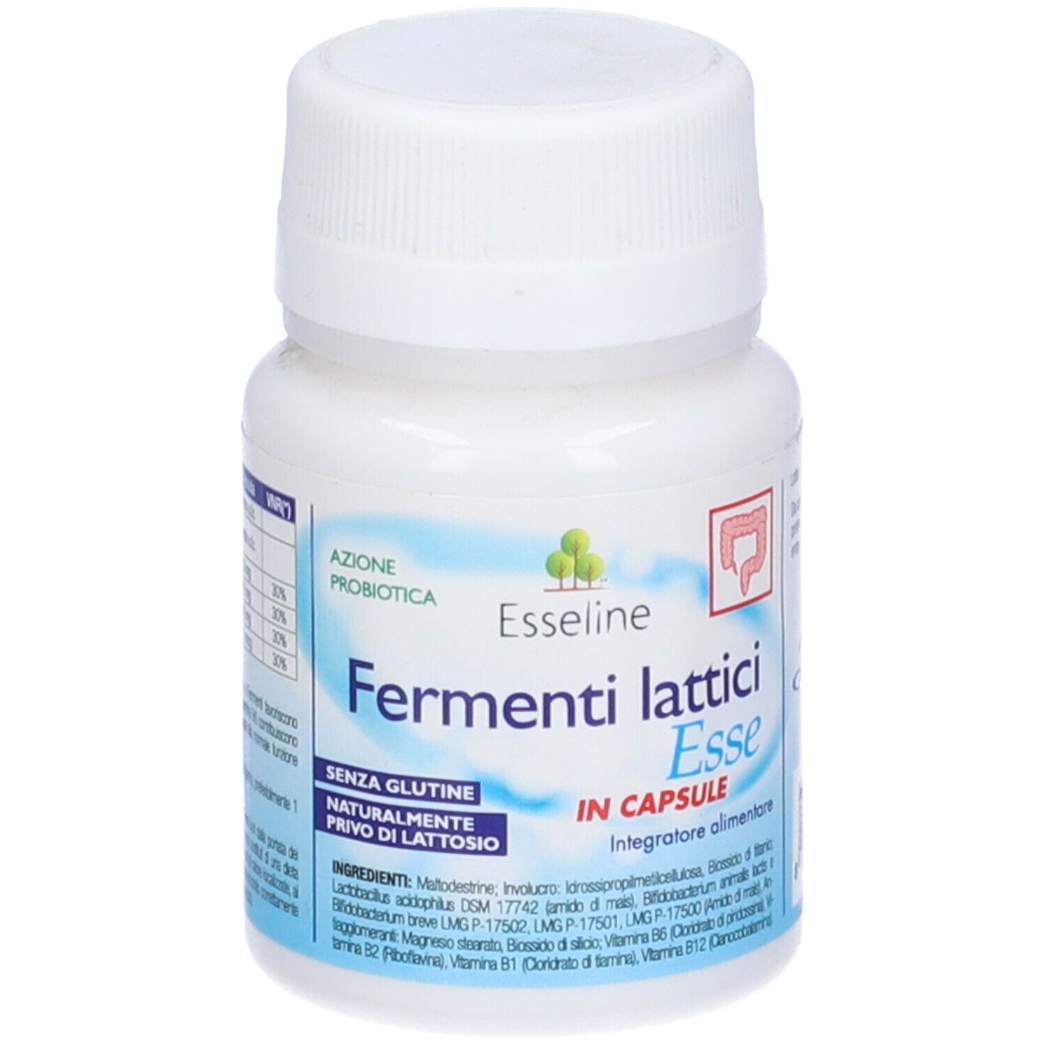 Flacone bianco di capsule. Scritta: Fermenti Lattici Esse, in capsule. Senza glutine, senza lattosio.
