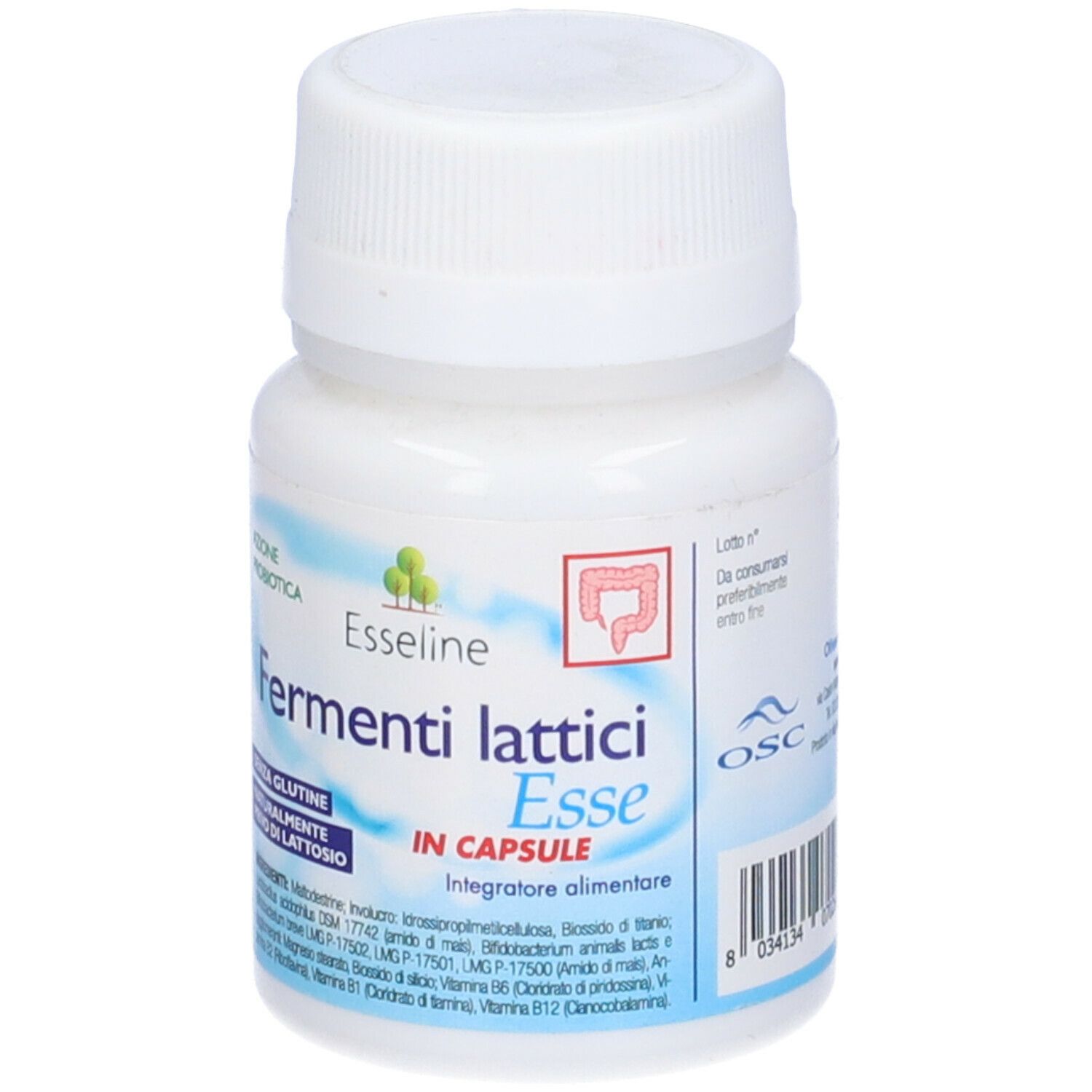 Flacone bianco di capsule. Scritta: Fermenti Lattici Esse, in capsule. Senza glutine, senza lattosio.