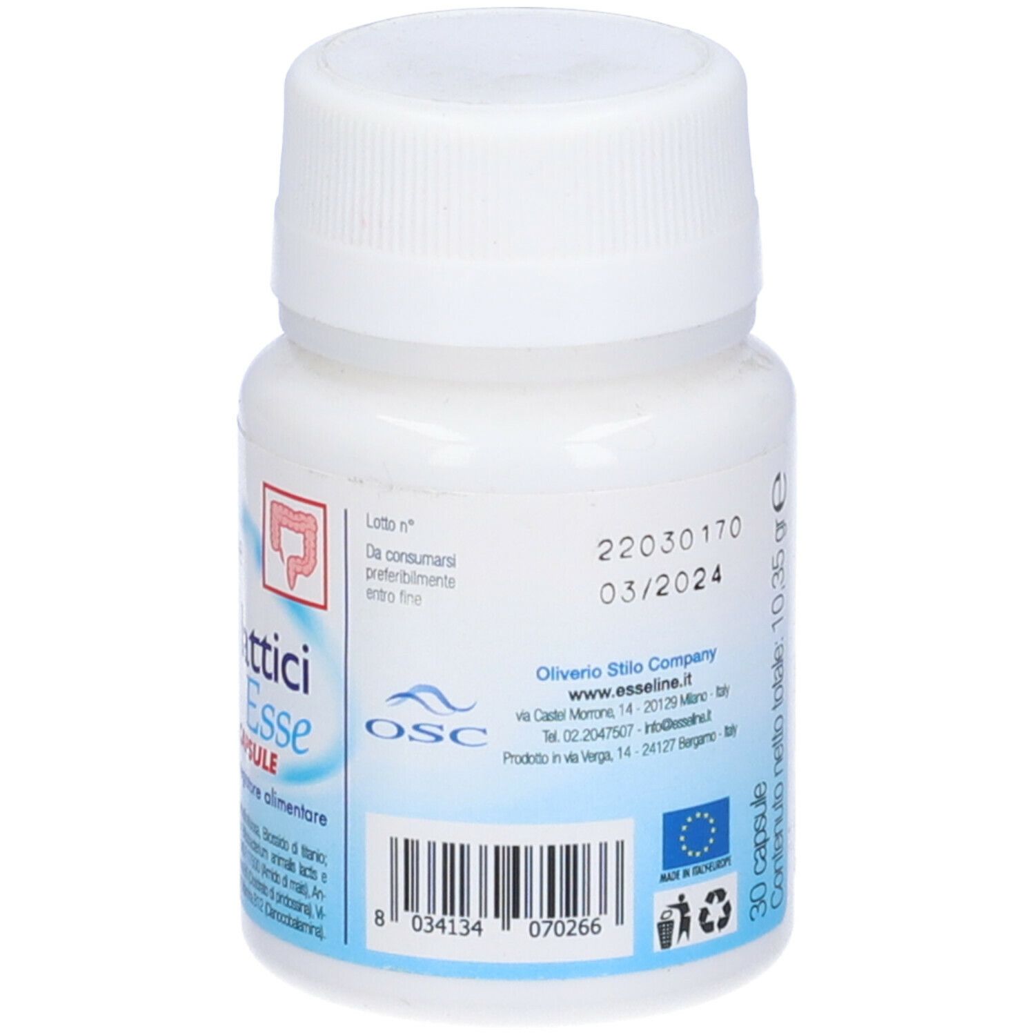 Retro del flacone bianco di capsule. Scritta: Fermenti Lattici Esse. Scadenza, contenuto.