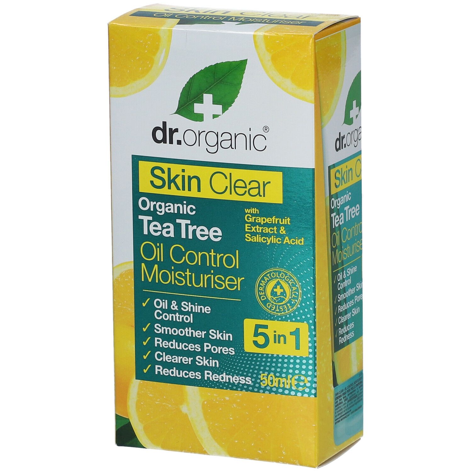 Dr.Organic Skin Clear Moisturiser. Scatola. Contiene olio di tea tree, estratto di pompelmo e acido salicilico. 5 in 1.