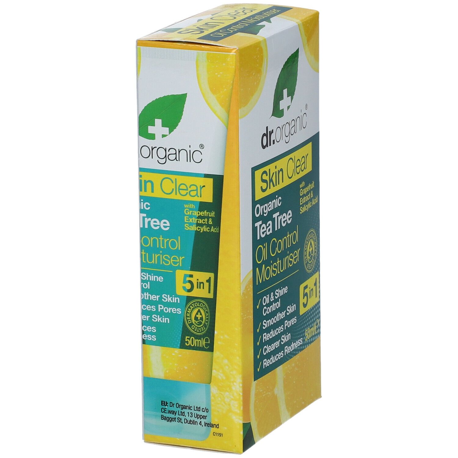 Dr.Organic Skin Clear Moisturiser. Scatola. Contiene olio di tea tree, estratto di pompelmo e acido salicilico. 5 in 1.