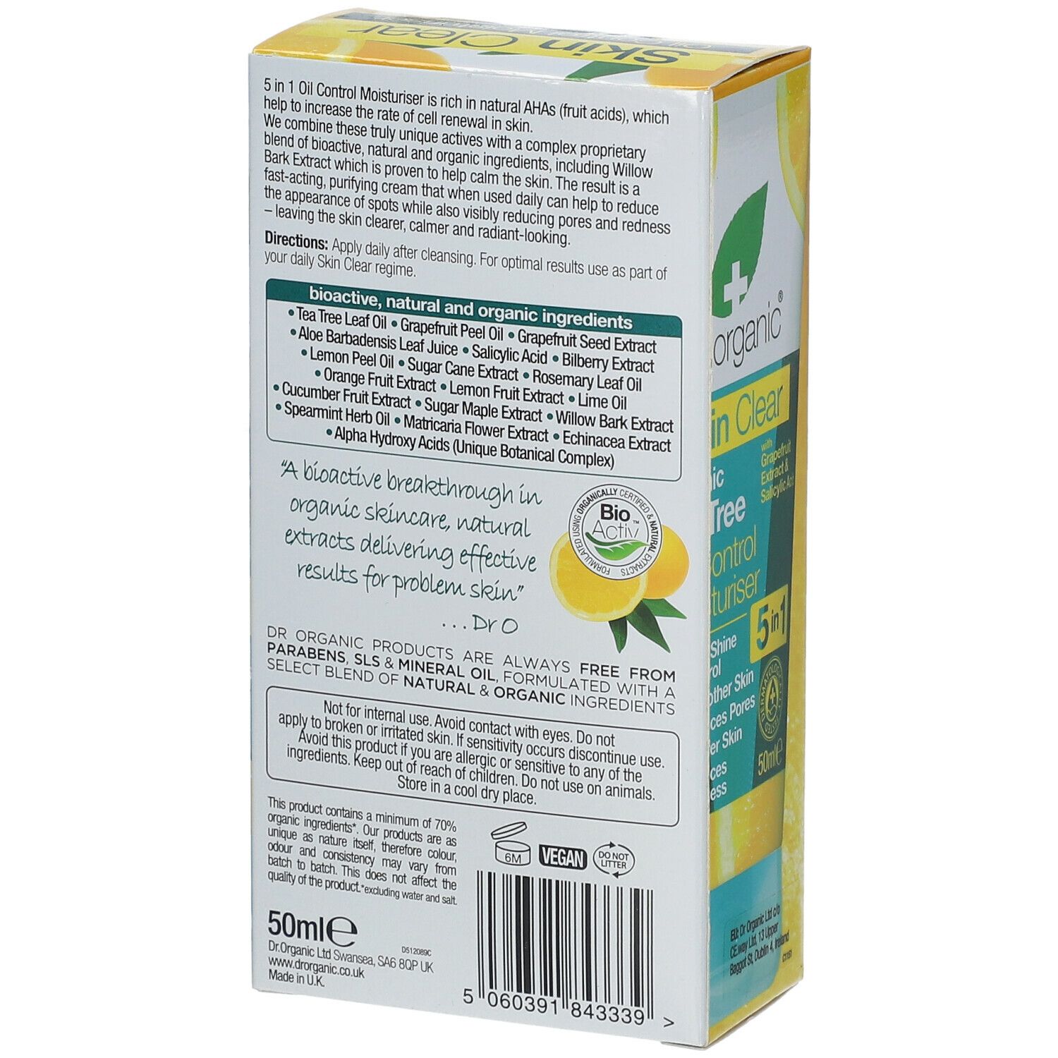 Dr.Organic Skin Clear Moisturiser. Retro della scatola. Ingredienti e informazioni. Vegano.