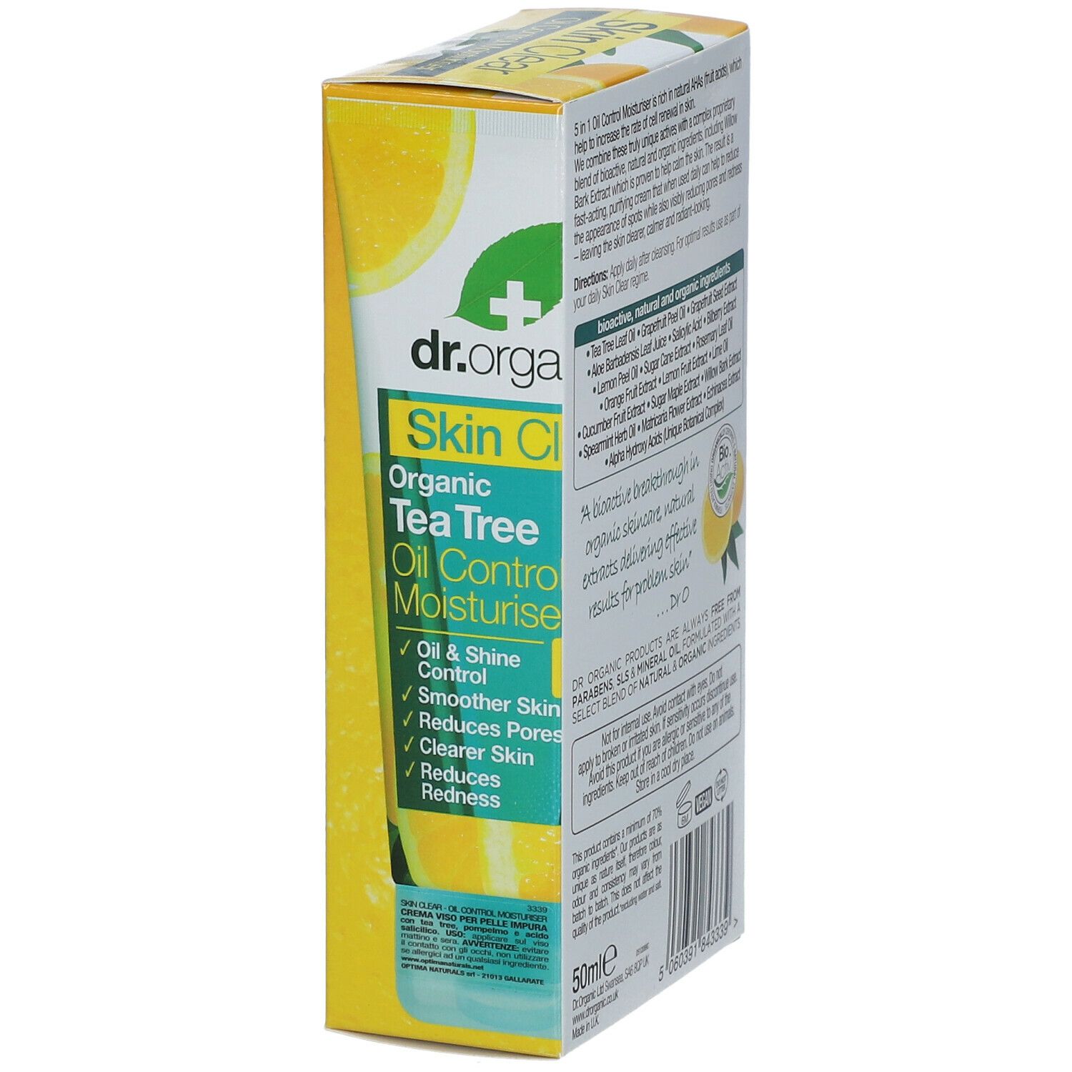 Dr.Organic Skin Clear Moisturiser. Scatola. Contiene olio di tea tree, estratto di pompelmo e acido salicilico. 5 in 1.