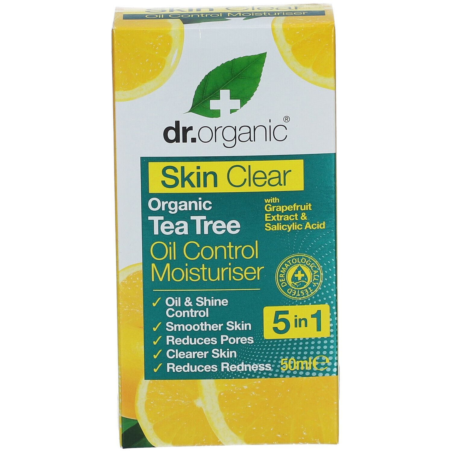 Dr.Organic Skin Clear Moisturiser. Scatola. Contiene olio di tea tree, estratto di pompelmo e acido salicilico. 5 in 1.