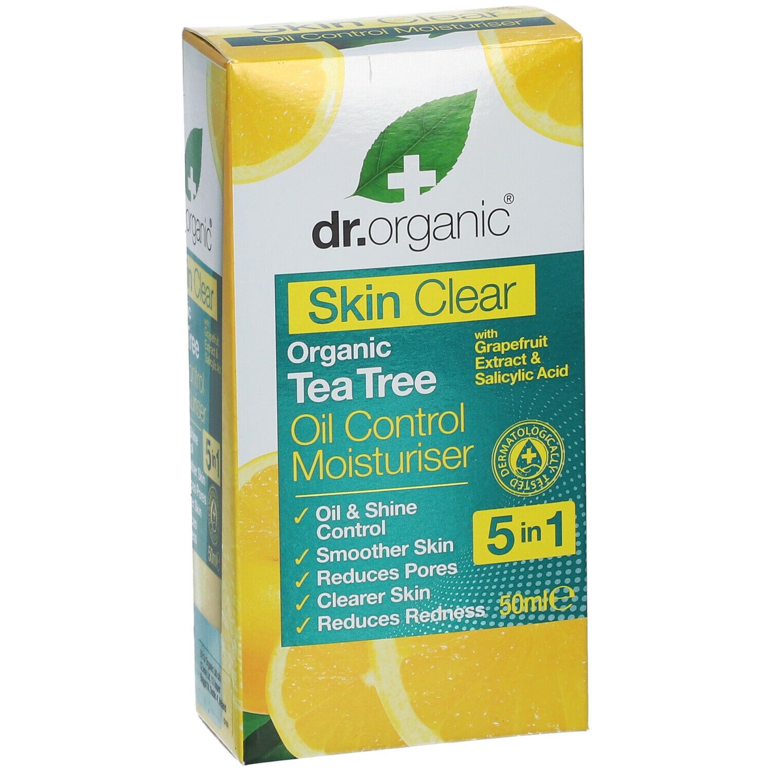 Dr.Organic Skin Clear Moisturiser. Scatola. Contiene olio di tea tree, estratto di pompelmo e acido salicilico. 5 in 1.
