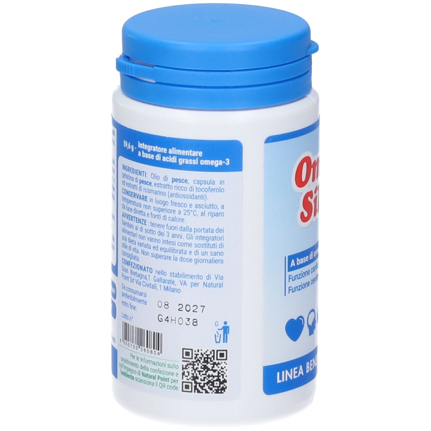 Weiße Flasche mit blauem Deckel. Rückseite mit Inhaltsstoffen und Verfallsdatum. QR-Code und Recycling-Symbol.