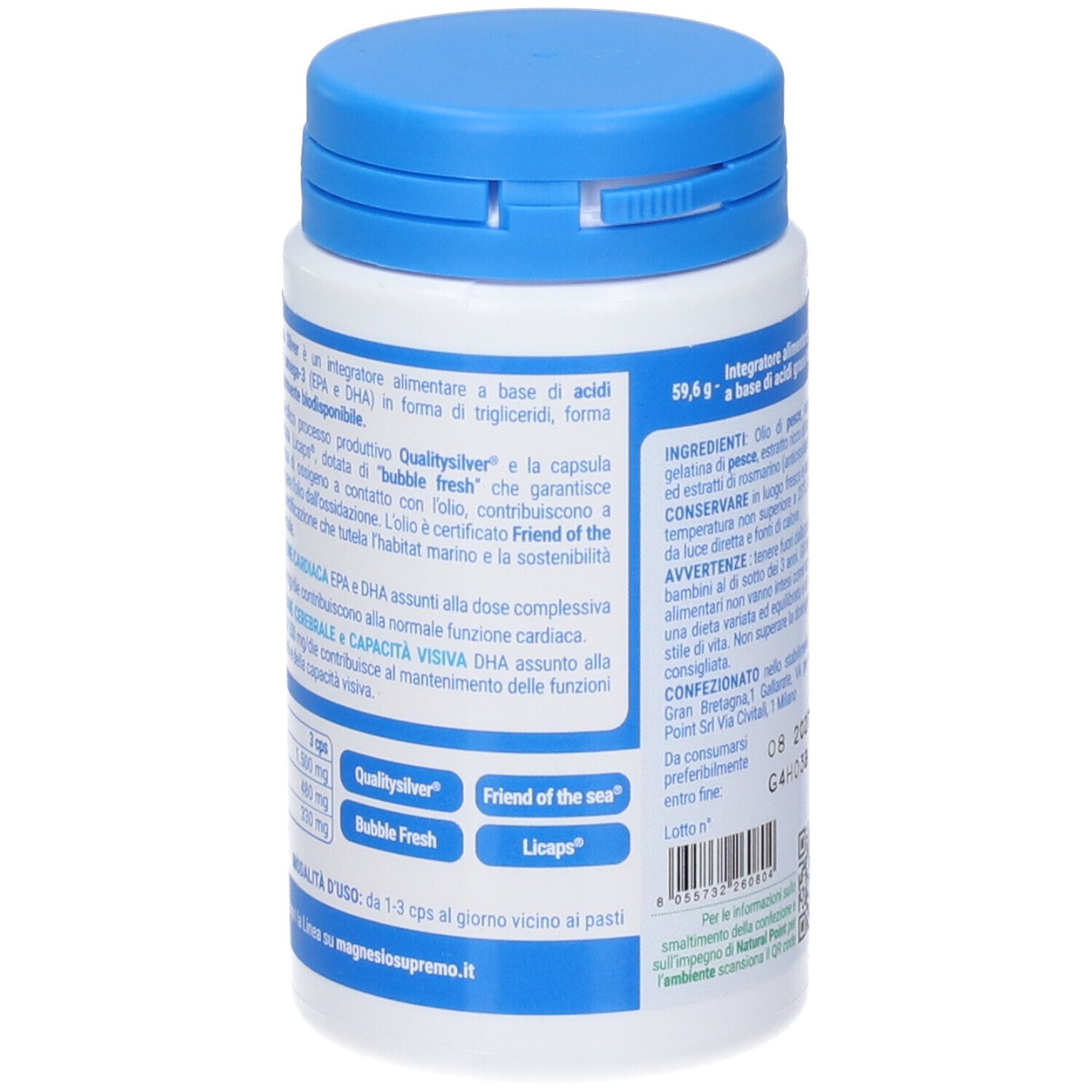 Weiße Flasche mit blauem Deckel. Rückseite mit Inhaltsstoffen und Zertifizierungen. Text über die Verwendung.