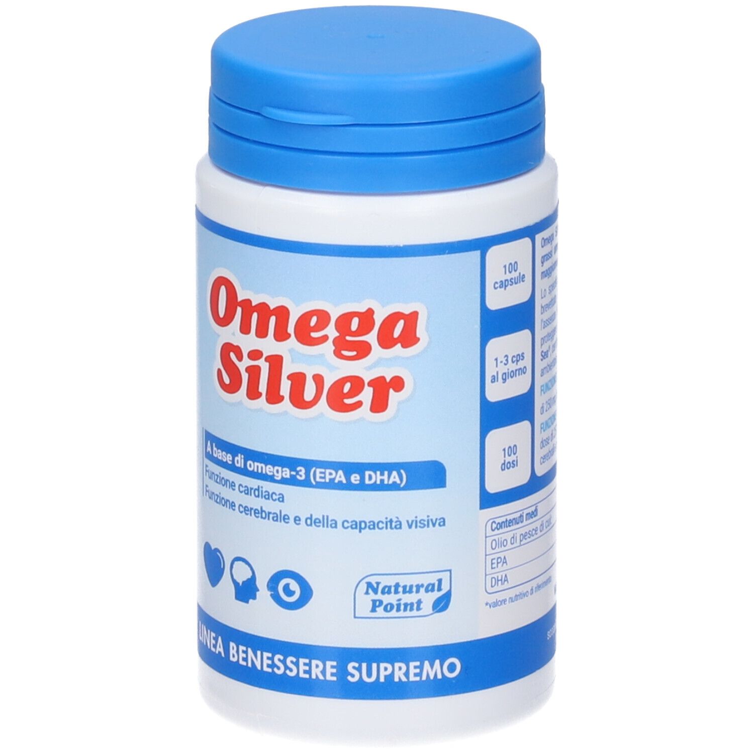 Weiße Flasche mit blauem Deckel. Aufschrift: Omega Silver. Enthält Omega-3. Natural Point Logo. 100 Kapseln.