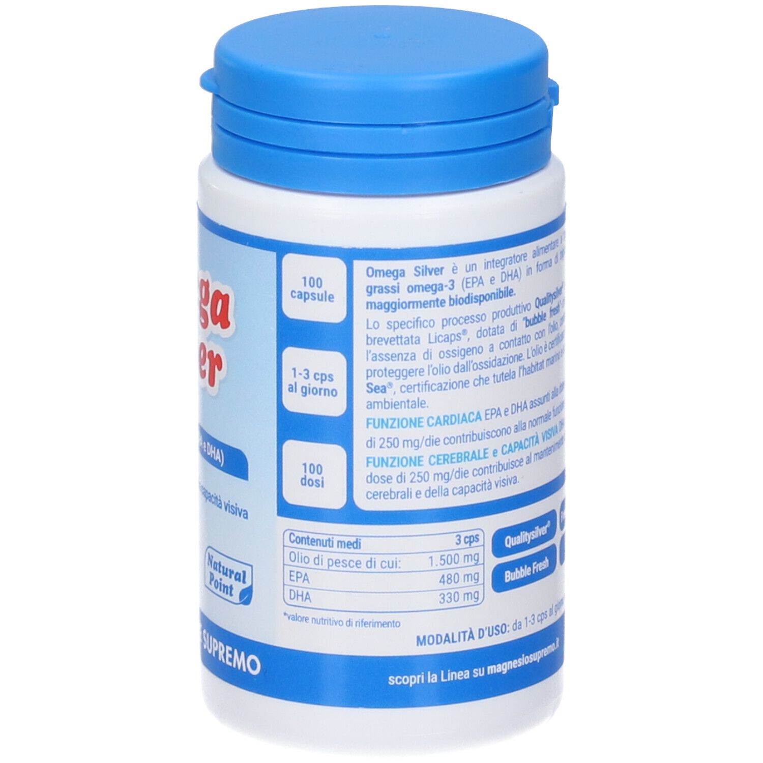 Weiße Flasche mit blauem Deckel. Aufschrift: Omega Silver. Enthält Omega-3. 100 Kapseln. Dosierung.