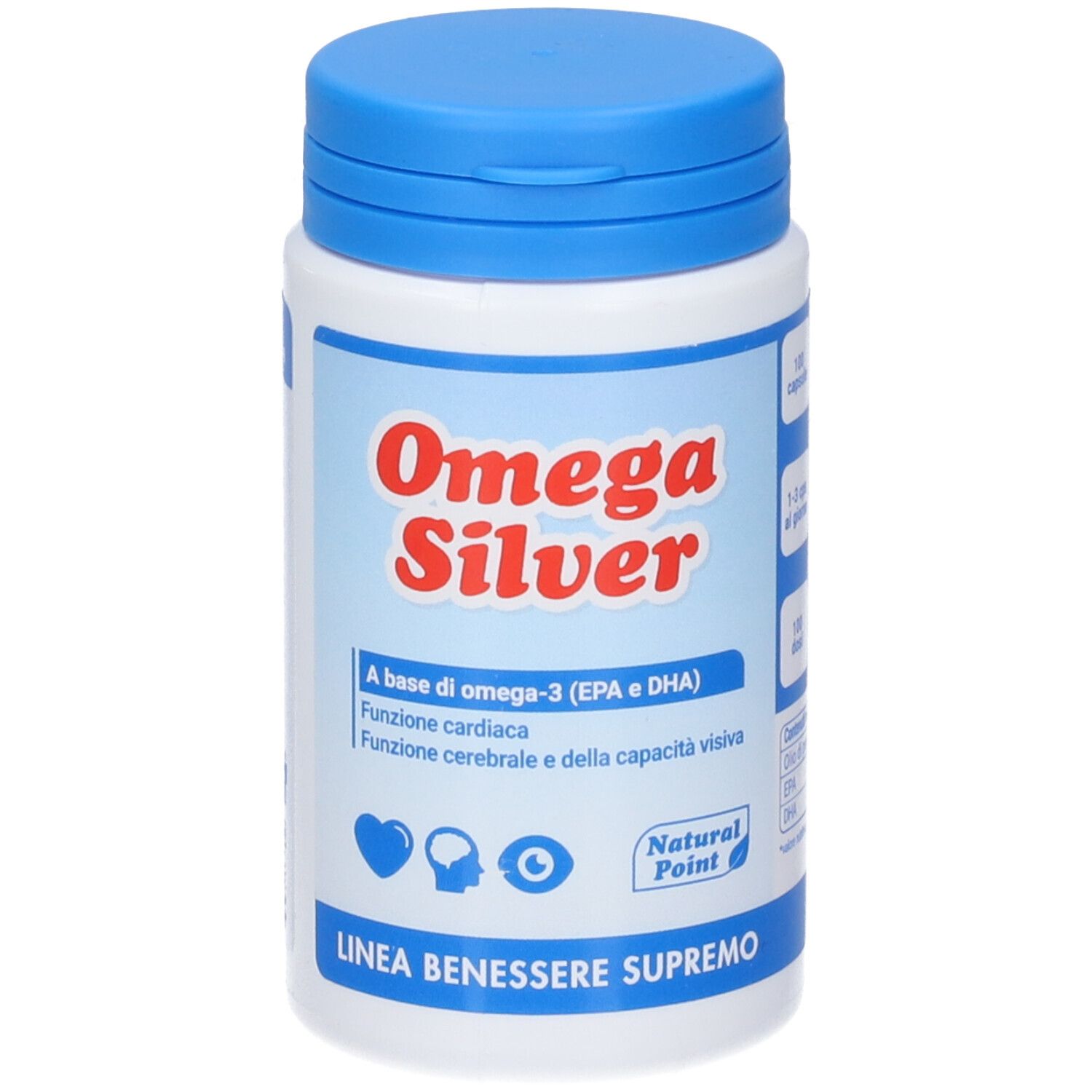 Weiße Flasche mit blauem Deckel. Aufschrift: Omega Silver. Enthält Omega-3. Natural Point Logo. Linie Benessere Supremo.