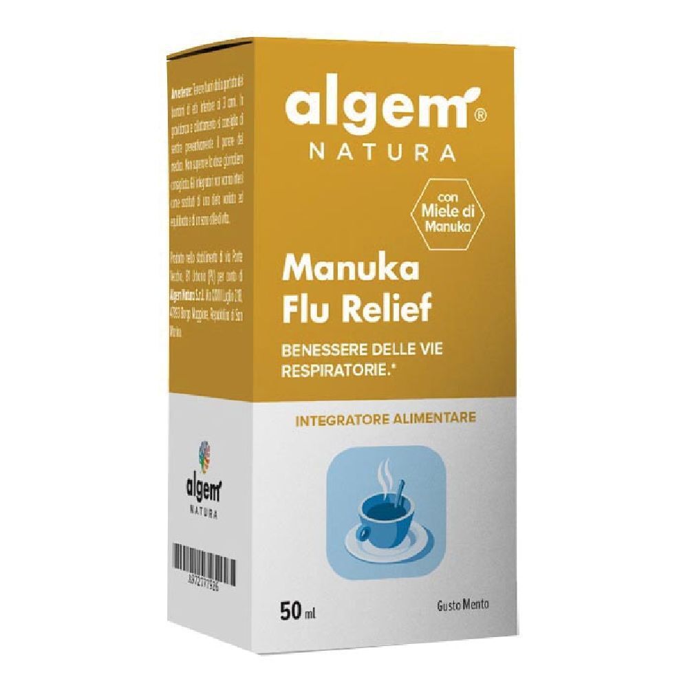 Confezione Algem Natura Manuka Flu Relief. Scatola gialla e bianca. Nome del prodotto e logo visibili.