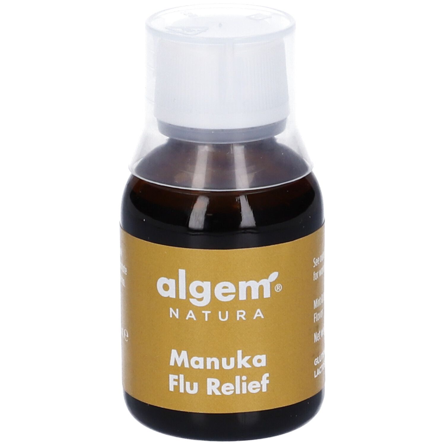 Flacone Algem Natura Manuka Flu Relief. Liquido marrone, tappo bianco. Nome e logo visibili.