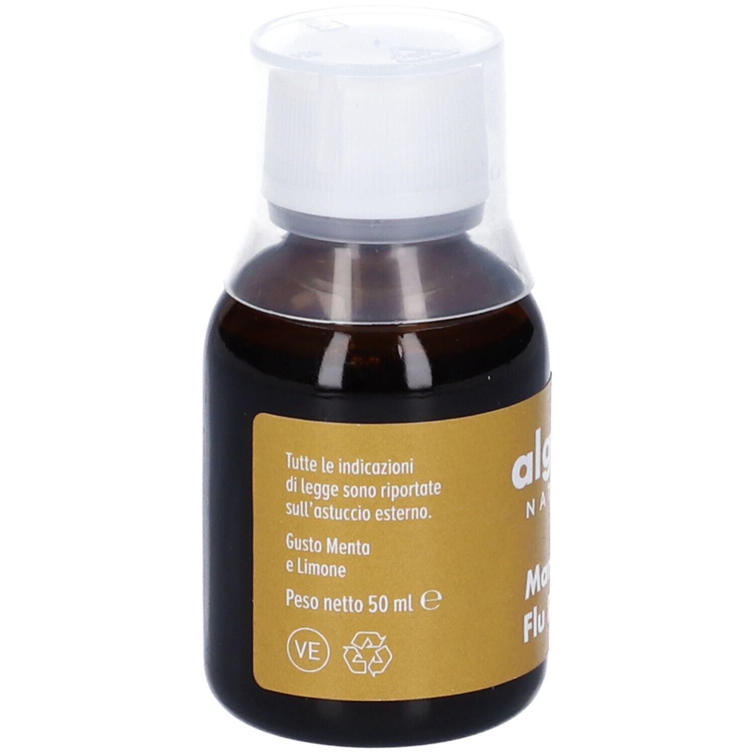 Flacone Algem Natura Manuka Flu Relief. Liquido marrone, tappo bianco. Etichetta con informazioni.