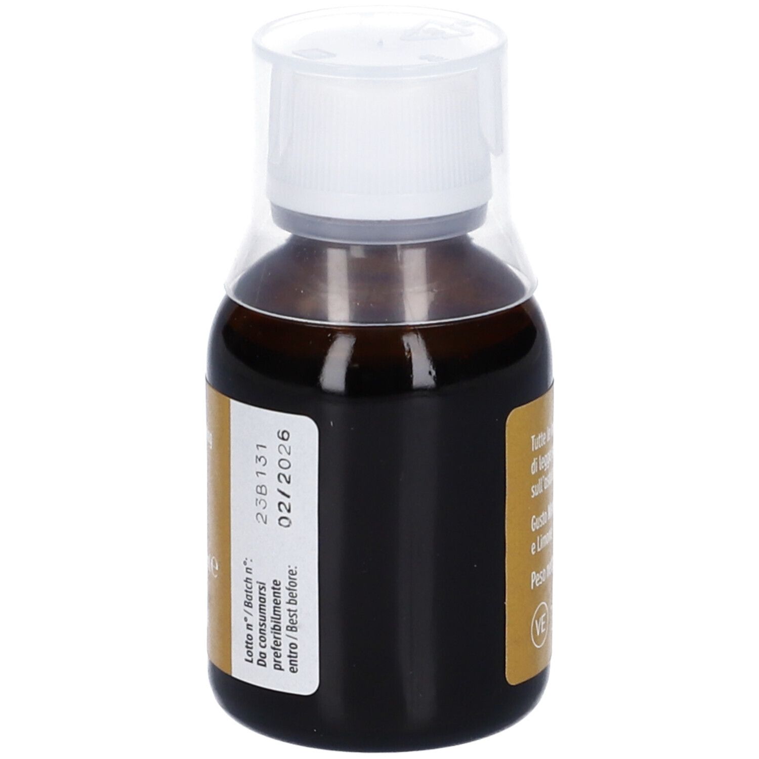 Flacone Algem Natura Manuka Flu Relief. Liquido marrone, tappo bianco. Etichetta con informazioni.