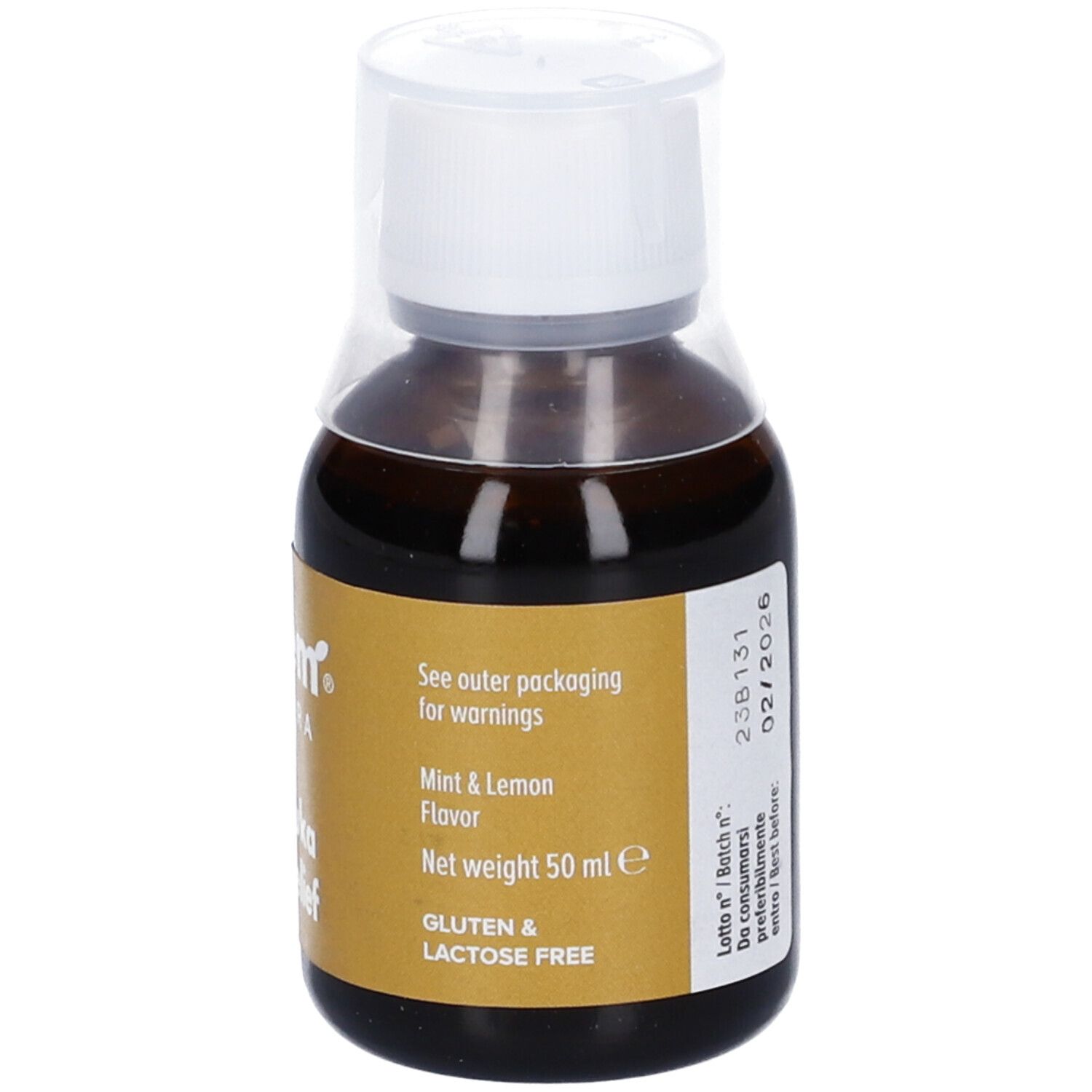 Flacone Algem Natura Manuka Flu Relief. Liquido marrone, tappo bianco. Etichetta con informazioni.