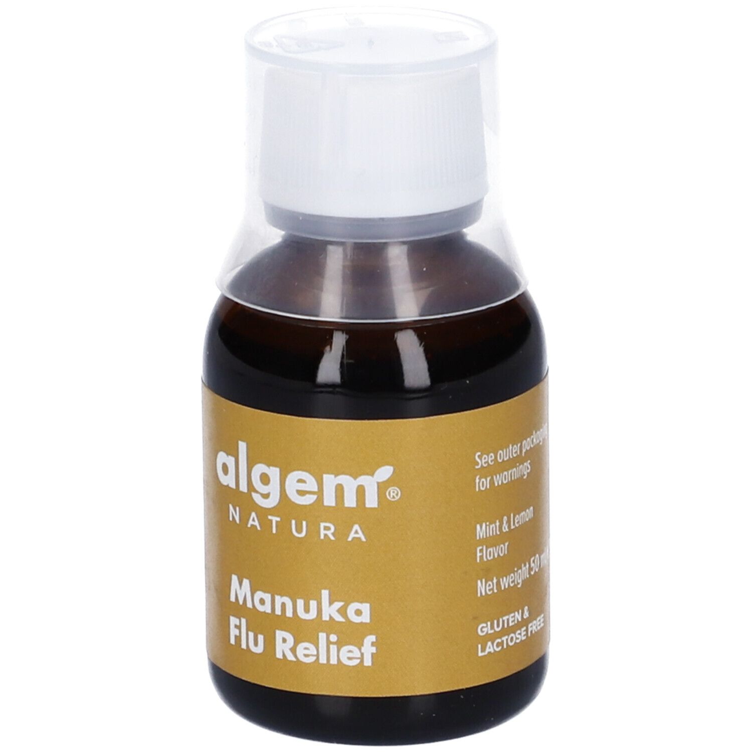 Flacone Algem Natura Manuka Flu Relief. Liquido marrone, tappo bianco. Etichetta con informazioni.