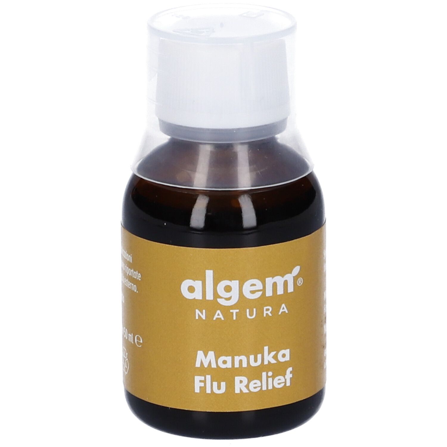Flacone Algem Natura Manuka Flu Relief. Liquido marrone, tappo bianco. Etichetta con informazioni.