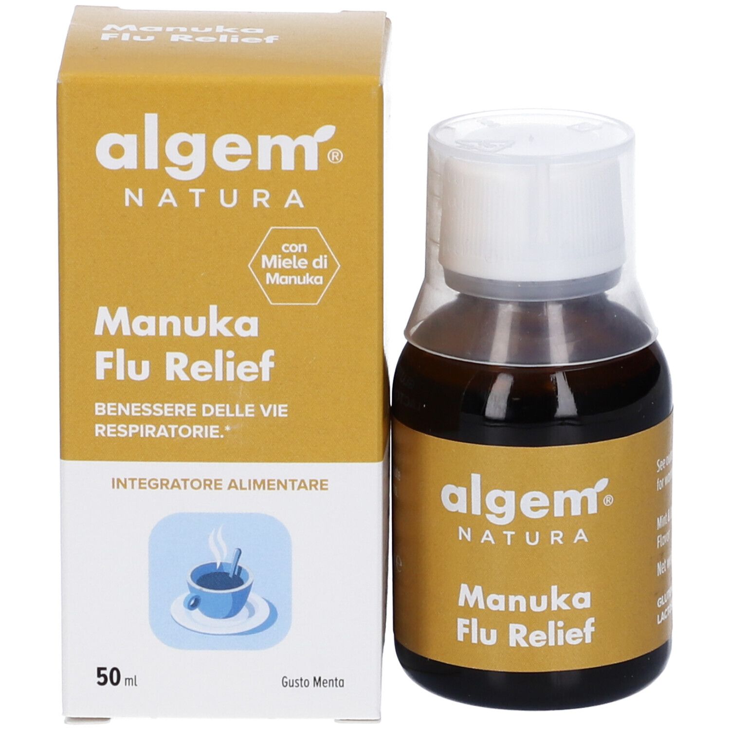 Algem Natura Manuka Flu Relief. Flacone e confezione affiancati. Nome e logo visibili.