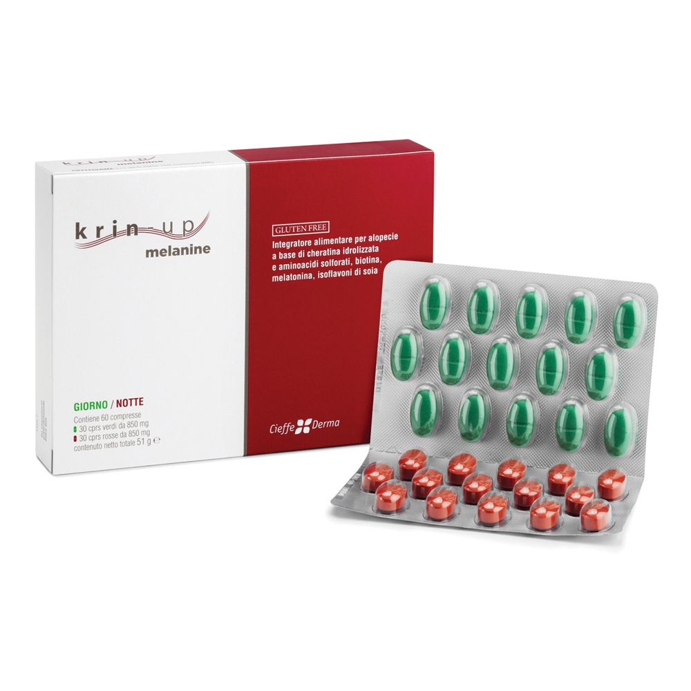 Confezione di Krin-Up Melanine e blister con capsule verdi e rosse. Senza glutine.