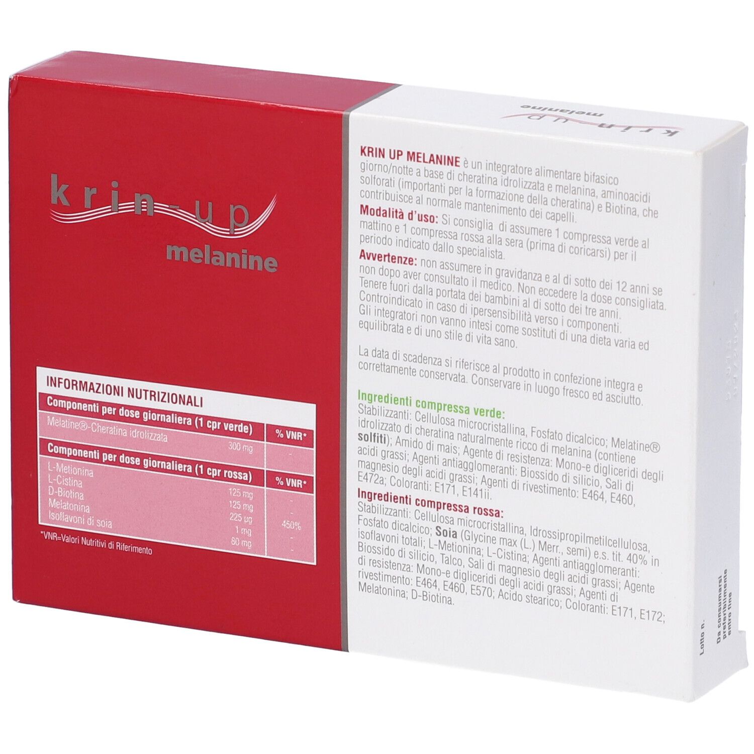 Scatola Krin-Up Melanine, rossa e bianca. Retro con informazioni e ingredienti.