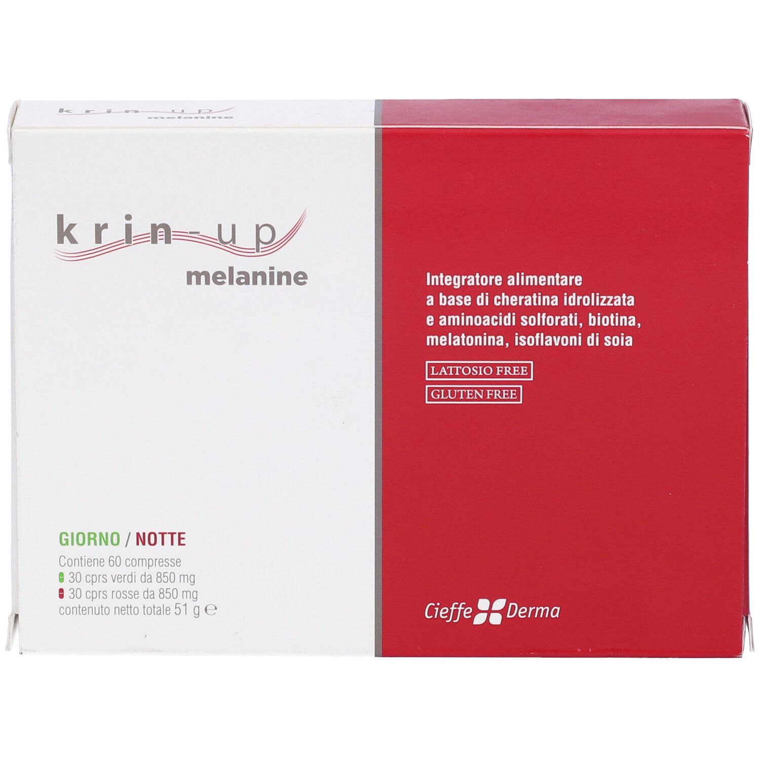 Scatola Krin-Up Melanine, rossa e bianca. Contiene 60 compresse, senza glutine, senza lattosio.