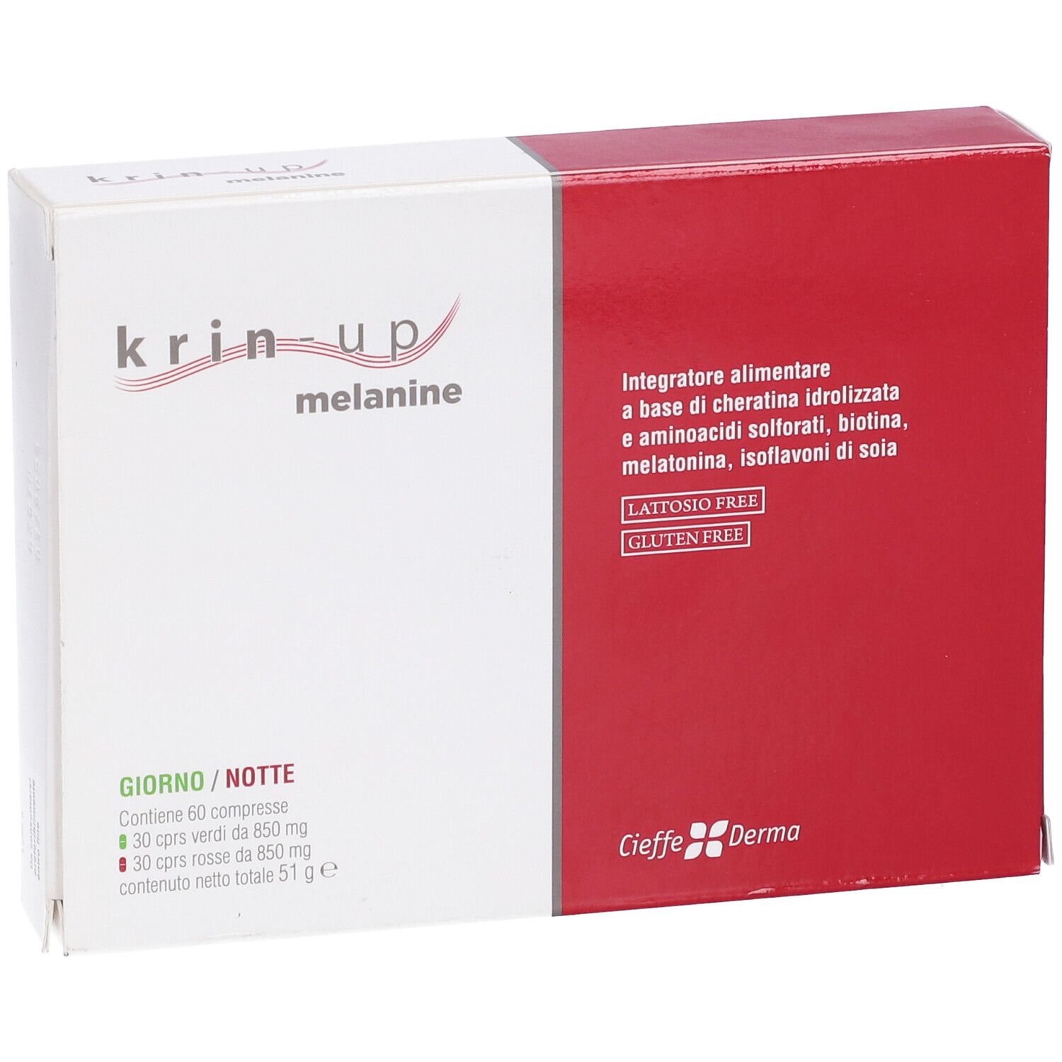 Scatola Krin-Up Melanine, rossa e bianca. Contiene 60 compresse, senza glutine, senza lattosio.