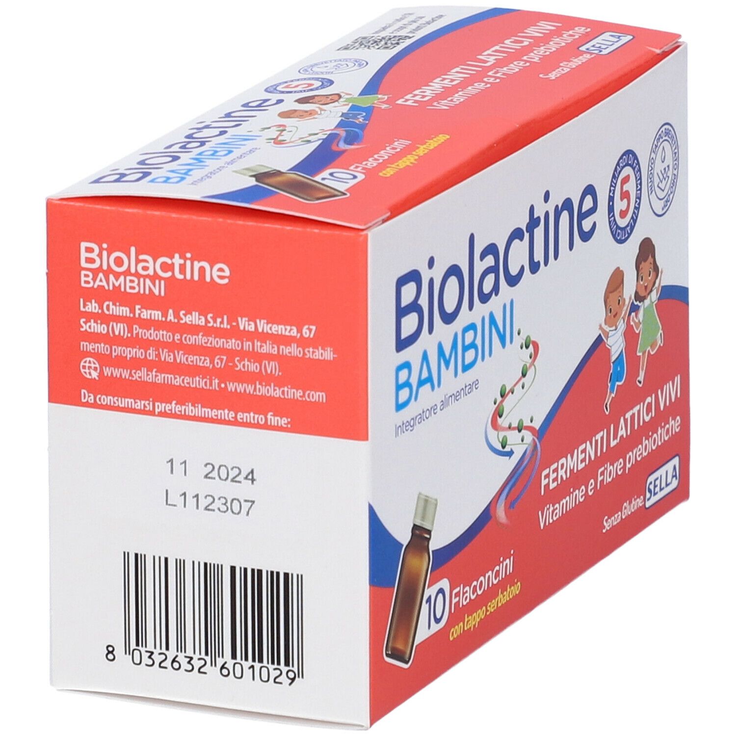 Vue latérale de la boîte Biolactine Bambini. Boîte rouge et blanche avec informations, code-barres et date de péremption.