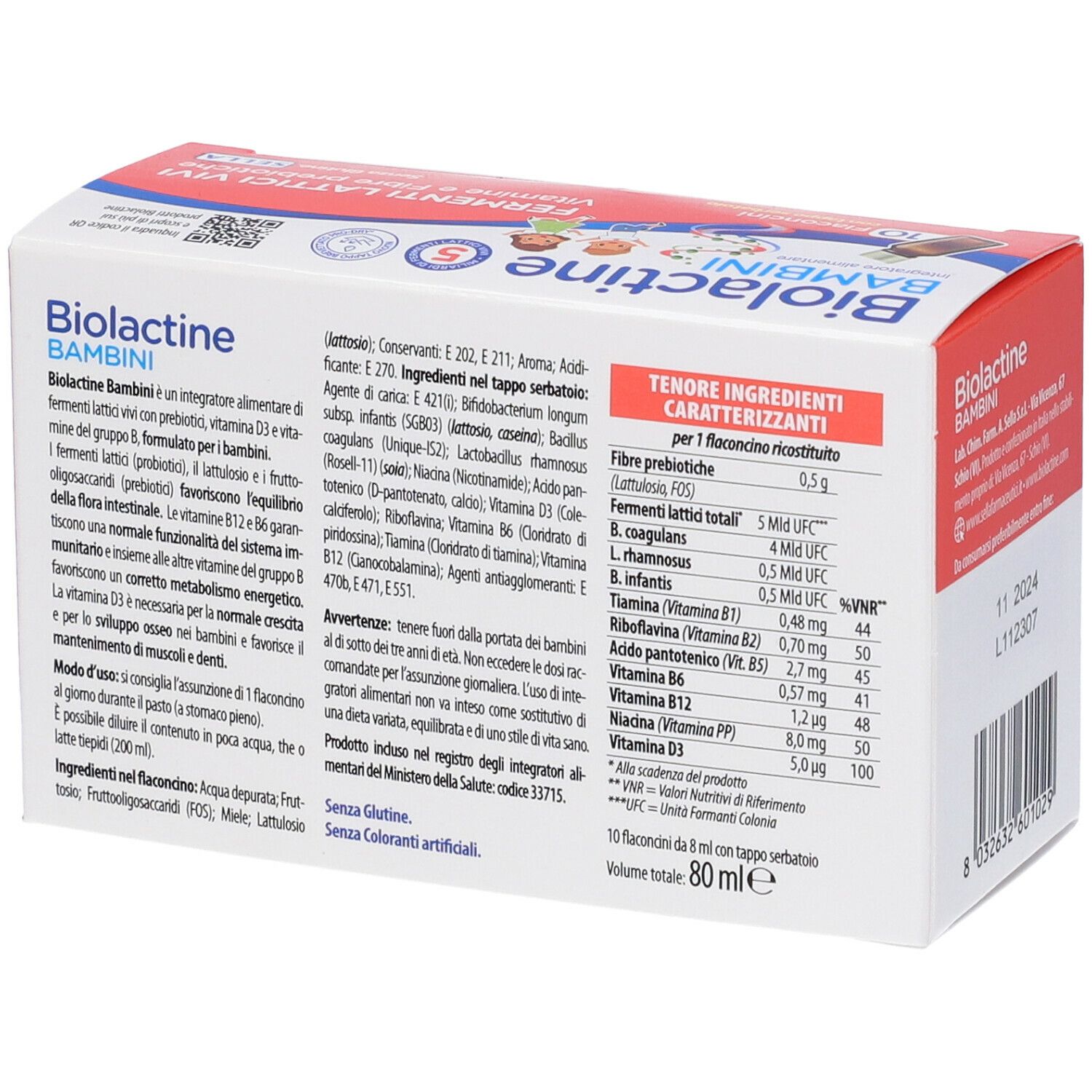 Dos de la boîte Biolactine Bambini. Contient ingrédients, informations nutritionnelles et autres informations.