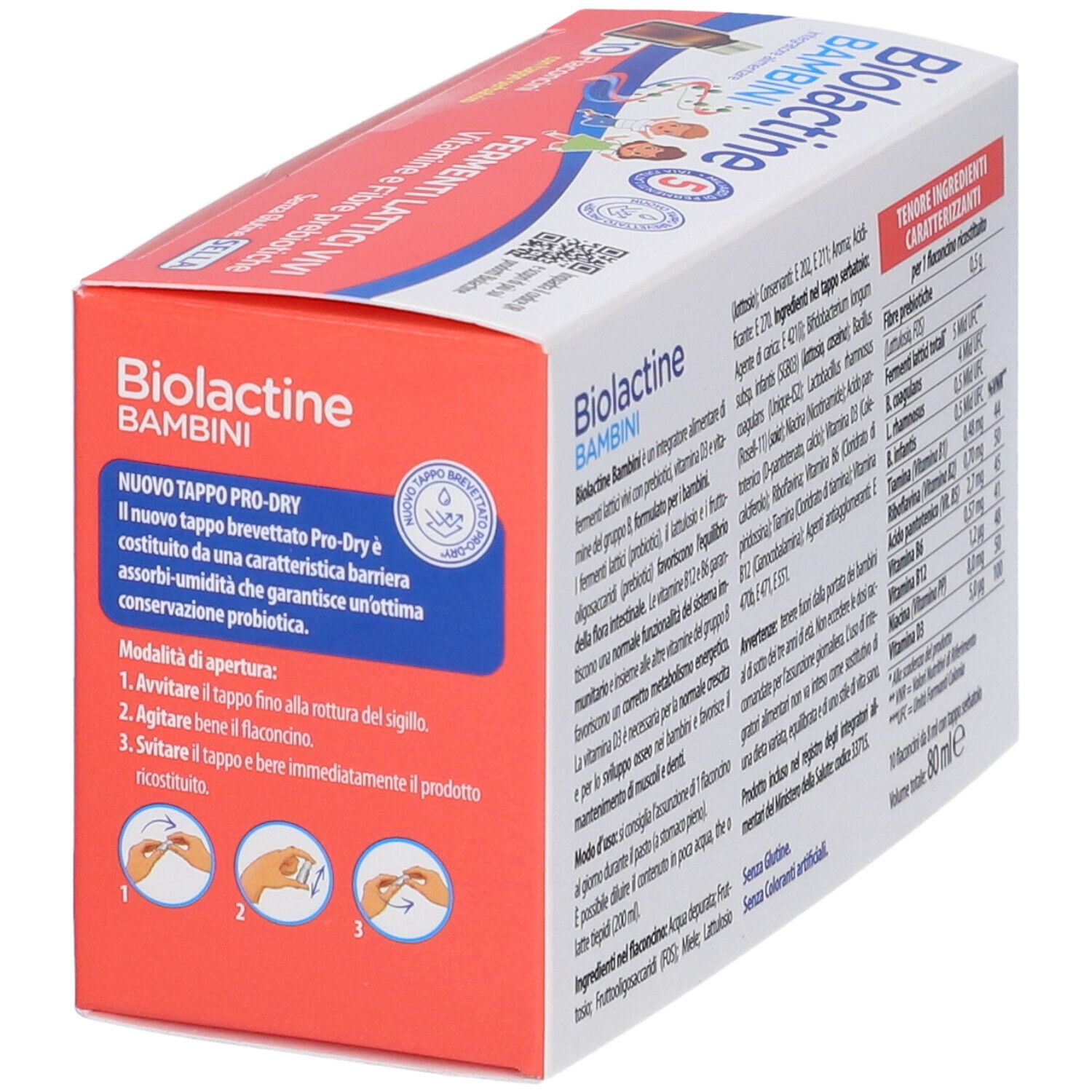 Boîte Biolactine Bambini avec informations sur le nouveau bouchon Pro-Dry. Contient des instructions d'utilisation.