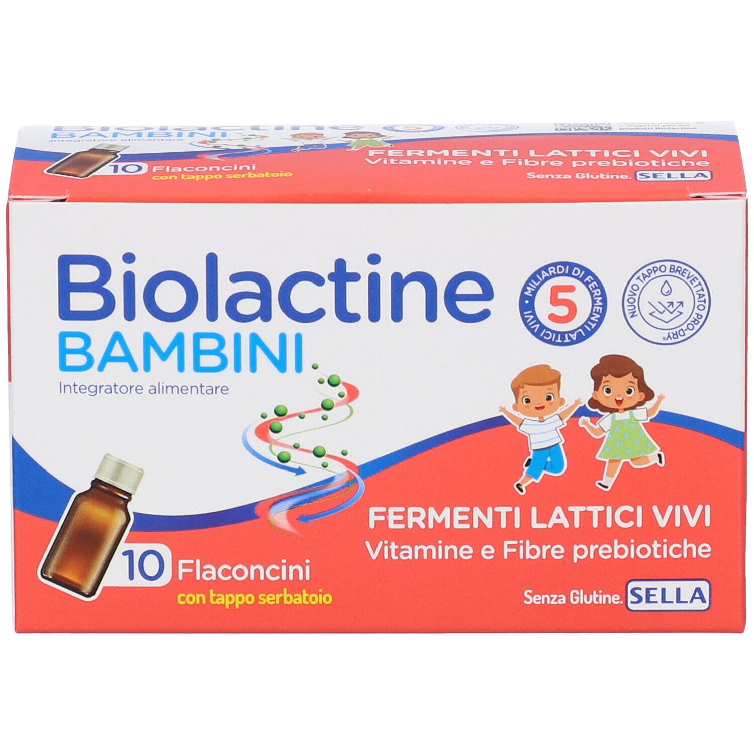 Boîte de Biolactine Bambini. Rouge et blanche, avec le nom du produit et des enfants. Contient 10 flacons.