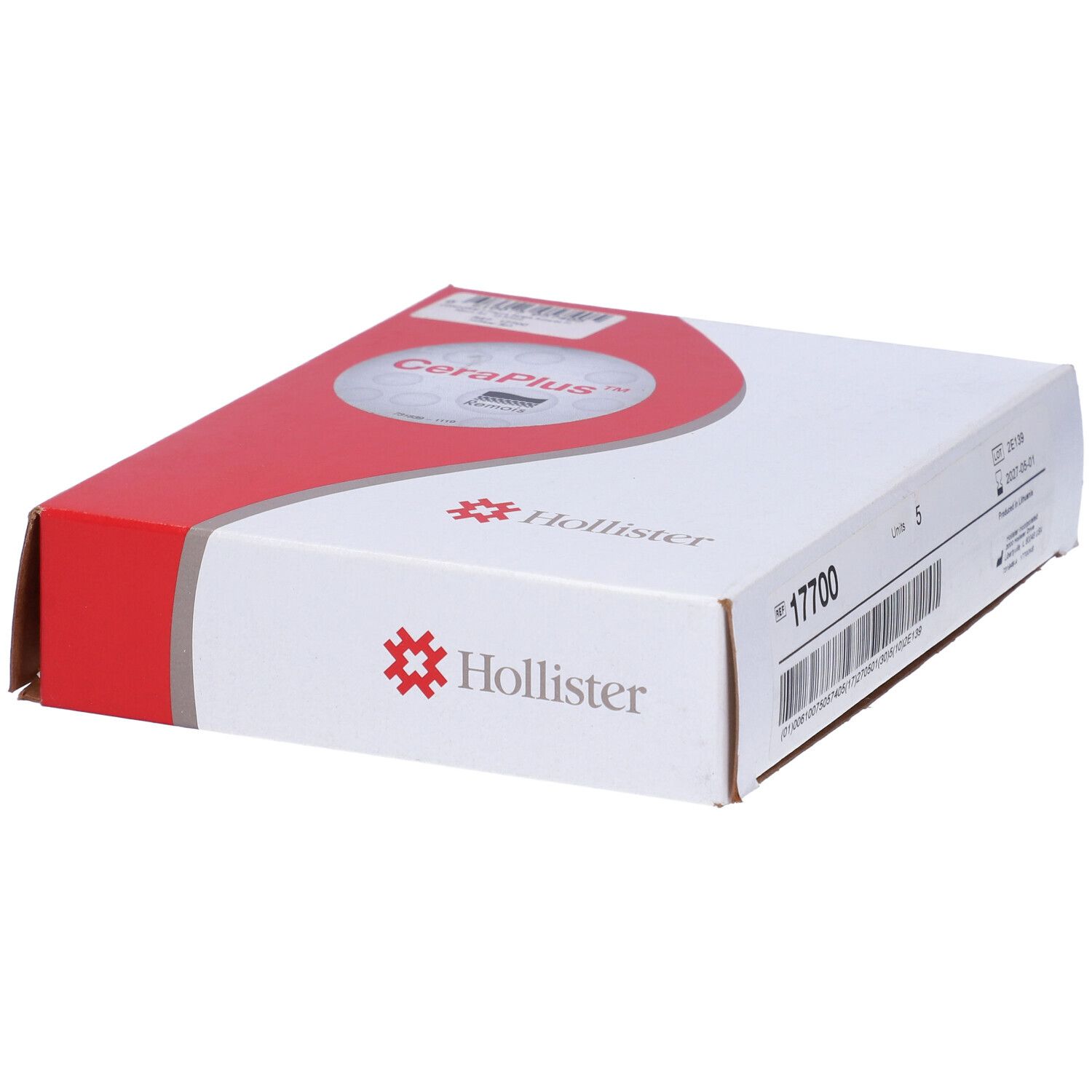 Scatola Hollister CeraPlus. Cartone bianco e rosso, logo. Contiene 5 pezzi.