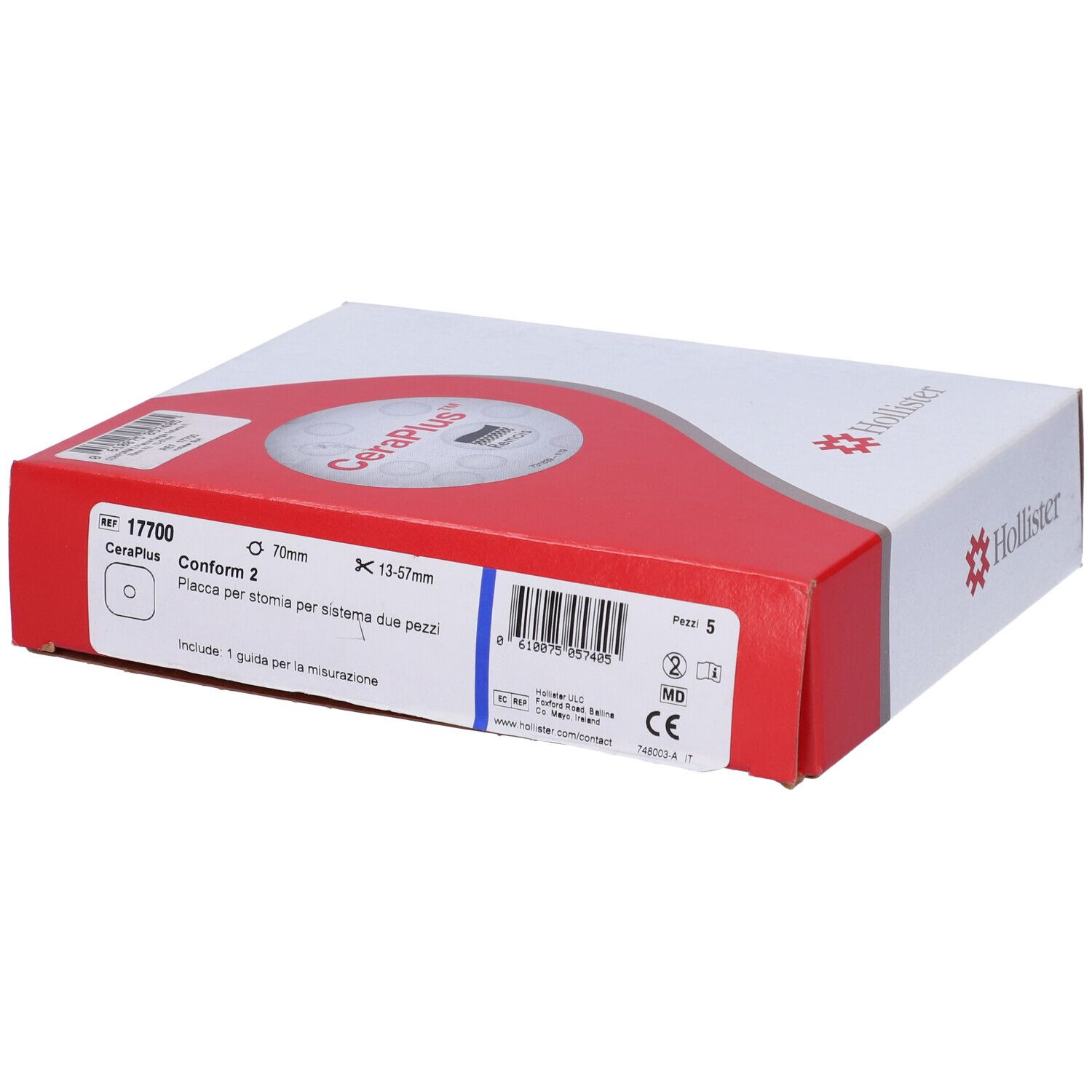 Scatola Hollister CeraPlus. Cartone bianco e rosso, informazioni prodotto.