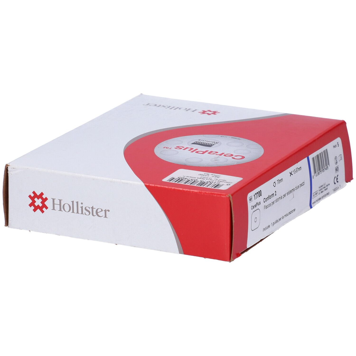 Scatola Hollister CeraPlus. Cartone bianco e rosso, informazioni prodotto.