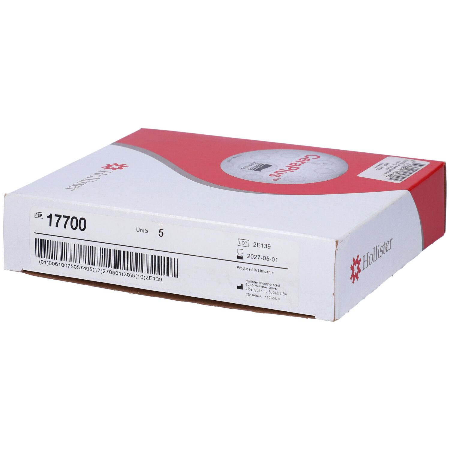 Scatola Hollister CeraPlus. Cartone bianco e rosso, informazioni prodotto.