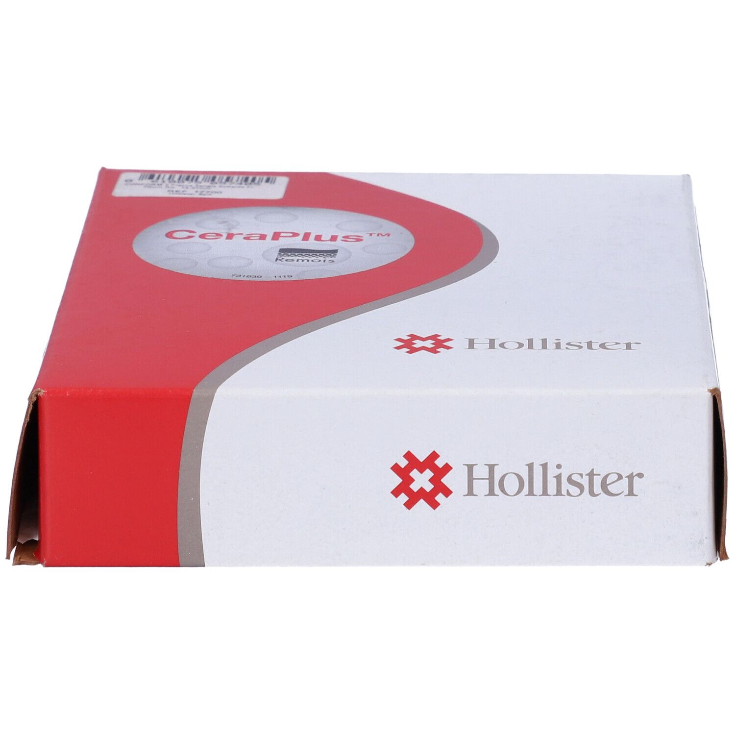 Scatola Hollister CeraPlus. Cartone bianco e rosso, logo.