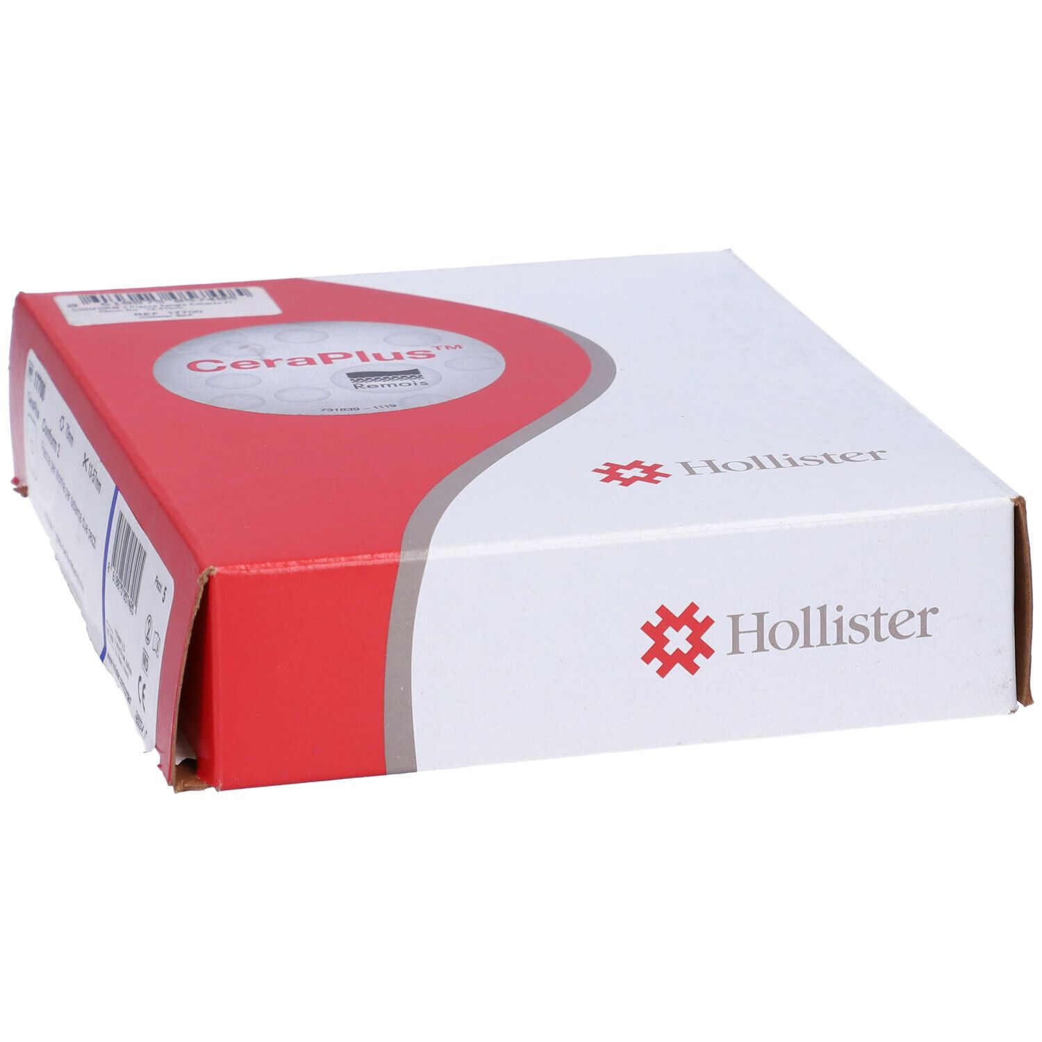 Scatola Hollister CeraPlus. Cartone bianco e rosso, logo.