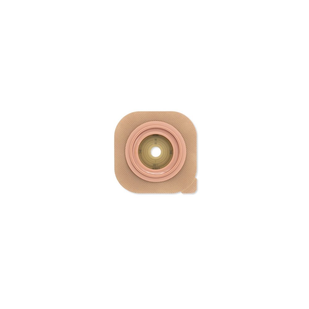 Dispositivo medico. Placca base beige con apertura centrale. Anelli rosa interni. Forma convessa.