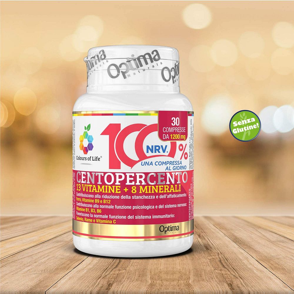 Flasche mit 30 Tabletten, 100% Centopercento, 13 Vitamine + 8 Mineralien. Glutenfrei.