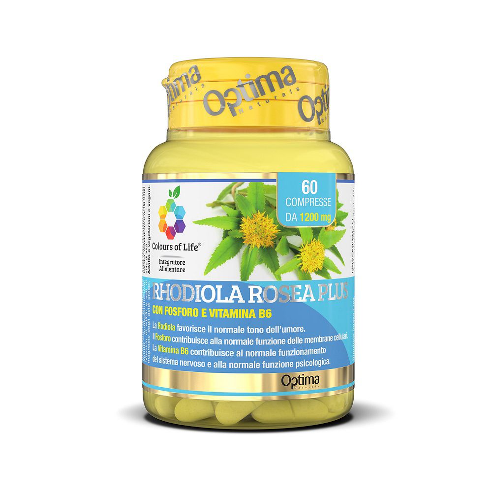 Gelbe Dose mit 60 Rhodiola Rosea Plus Tabletten, mit Abbildung der Pflanze und Informationen zu Inhaltsstoffen.