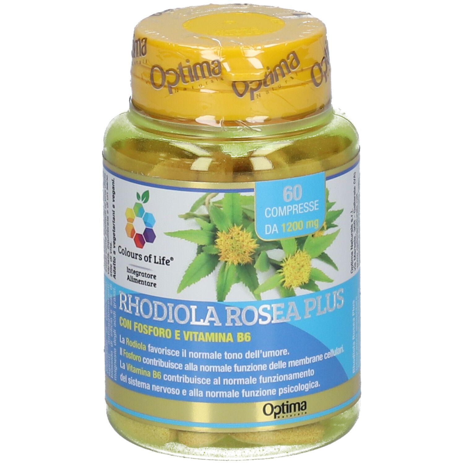 Dose Colours of Life Rhodiola Rosea Plus mit 60 Tabletten. Aufschrift: „Con Fosforo e Vitamina B6“. Gelber Deckel, transparente Dose.