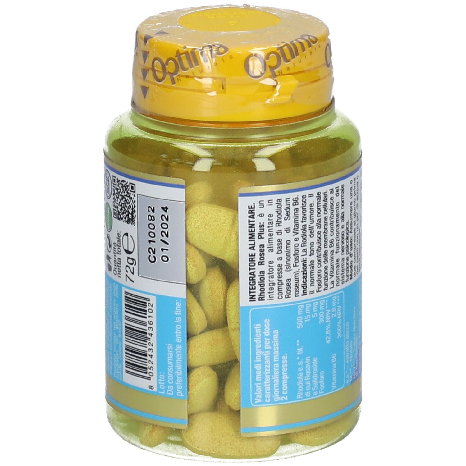 Dose Rhodiola Rosea Plus mit Tabletten. Aufschrift: „C210082 01/2024“. Gelbe Tabletten in transparenter Dose.
