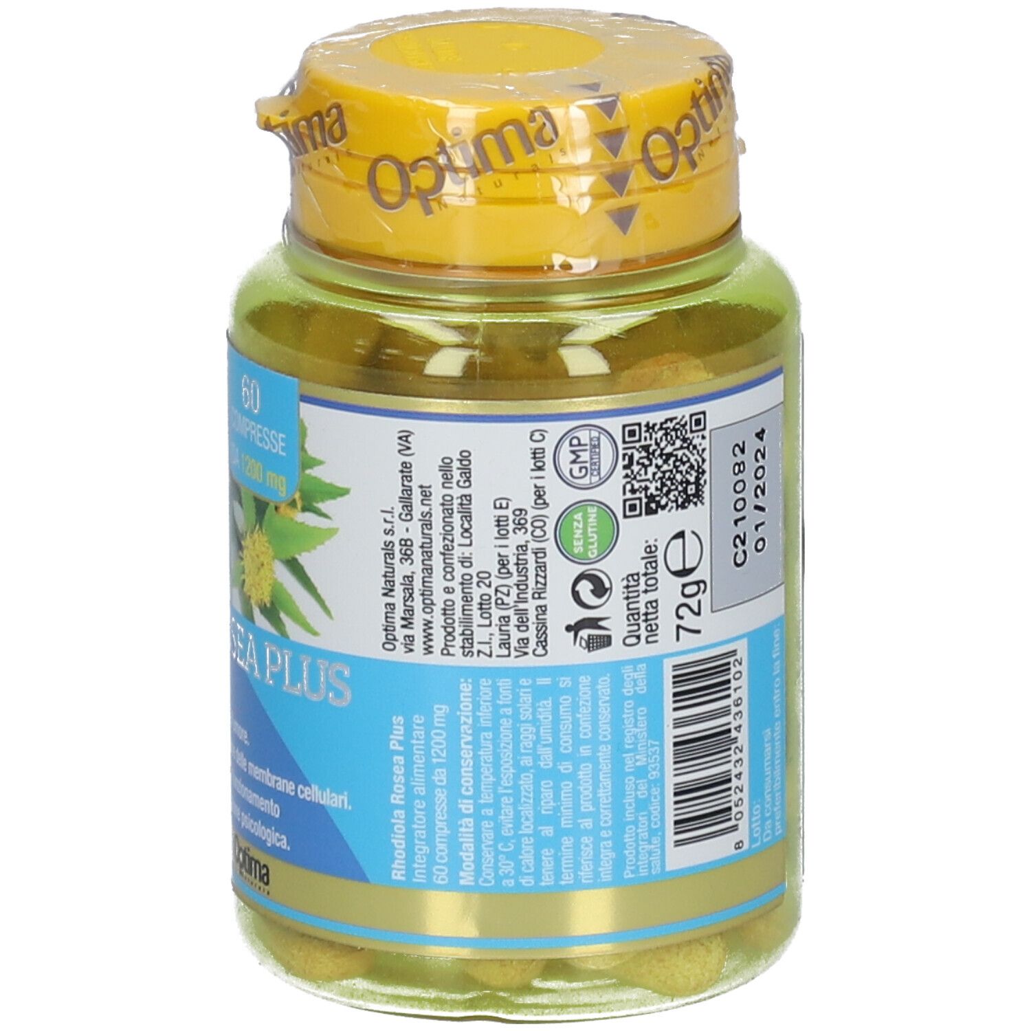 Dose Rhodiola Rosea Plus mit 60 Tabletten. Aufschrift: „C210082 01/2024“. Gelber Deckel, transparente Dose.