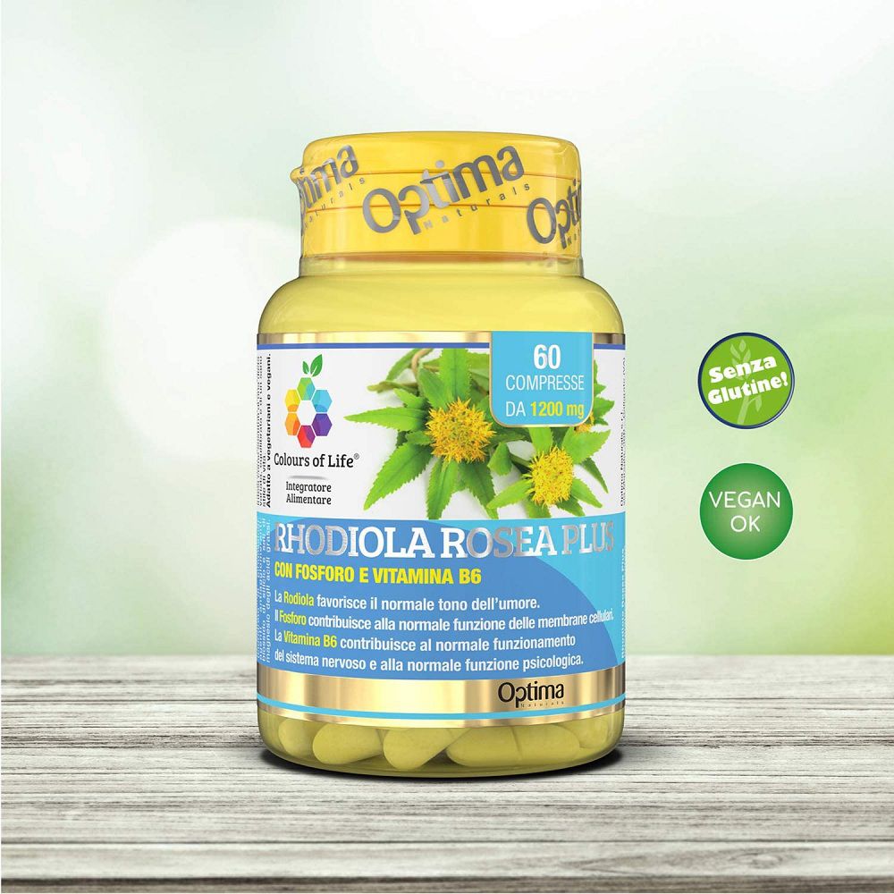 Gelbe Dose Rhodiola Rosea Plus mit Siegeln 'Senza Glutine' und 'Vegan OK'.