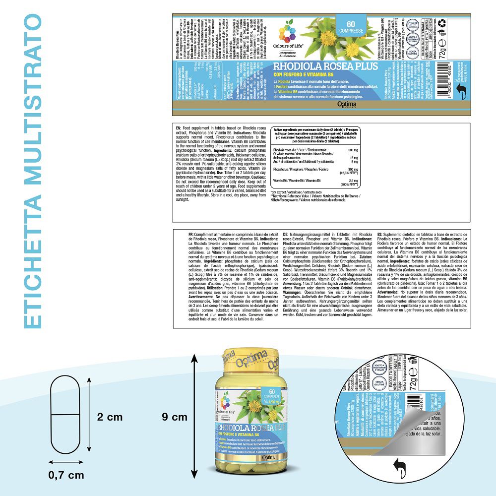 Verpackungsdetails und Größenangaben für Rhodiola Rosea Plus: Dose 9cm, Tablette 2cm.