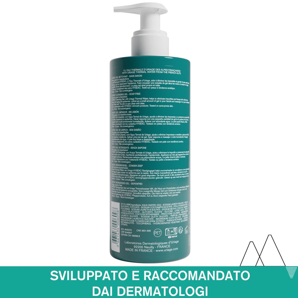 Retro del flacone Uriage Hyséac verde. Testo: informazioni sul prodotto, ingredienti, indirizzo del produttore. Montagne sullo sfondo.
