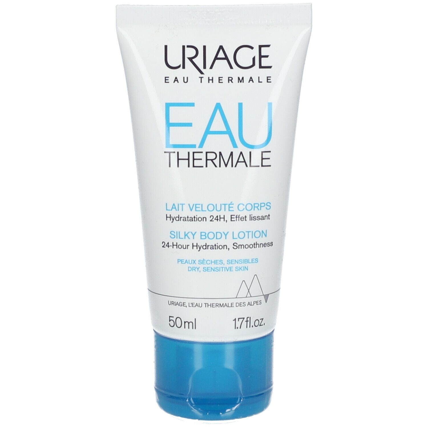 Tubo bianco con tappo blu. Scritta: URIAGE Eau Thermale, Eau Thermale, Silky Body Lotion, 50ml, 1.7 fl.oz.