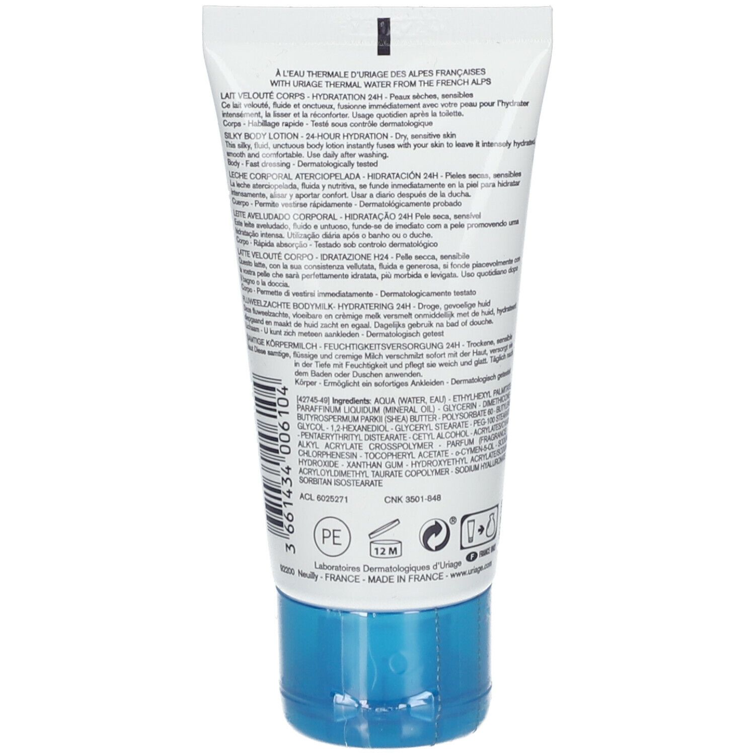 Retro del tubo. Testo multilingue. Tappo blu. Simboli e scritta: 12M, PE, Made in France.